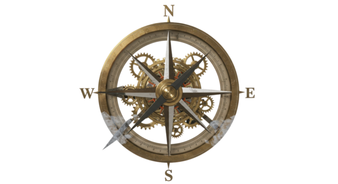 Isolated Steampunk Compass Rose Illustration with Detailed Brass Clockwork Mechanism