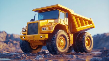 Obraz premium Large yellow dump truck on rocky terrain.