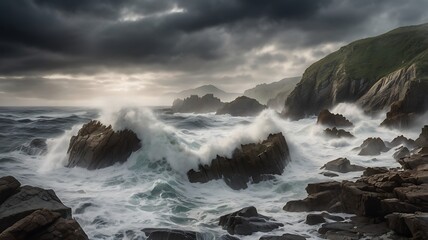 Obraz premium Dramatic coastal landscape of churning ocean waves crashing against rugged rocky cliffs.