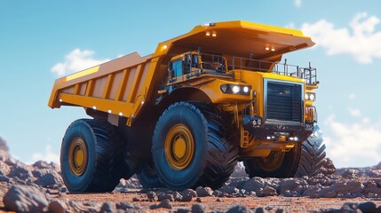 Obraz premium Large yellow mining truck on rocky terrain.