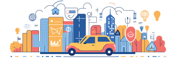 Fototapeta premium Colorful urban cityscape with yellow car driving through modern buildings and landmarks.