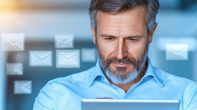 Focused on Inbox: A mature businessman with a beard intently reviews his digital tablet, surrounded by a flurry of email icons representing a busy workload.