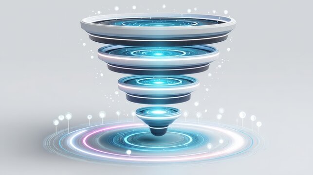 3D Abstract Funnel with Glowing Neon Rings for Data Conversion and Sales Process Optimization on White Background