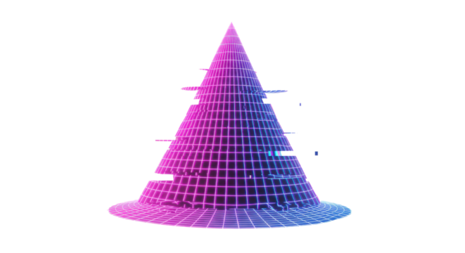 Futuristic Wireframe Cone Graphic with Glitch Effect and Neon Pink Blue Gradient