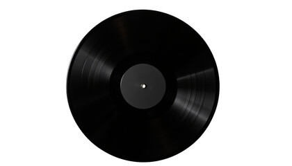 A black vinyl record with a plain black center label sits on a white background.