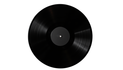 A black vinyl record with a plain black center label sits on a white background.