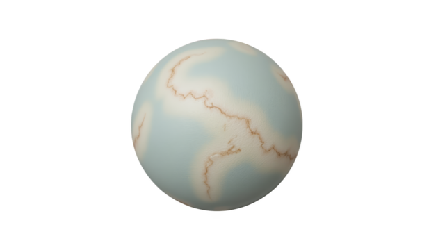 A spherical object with a mottled pattern of light blue and beige is set against a white background.