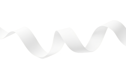 A white silk ribbon swirls gracefully against a white background.