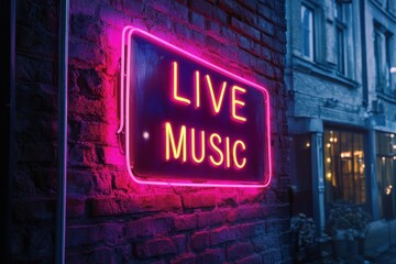 Vibrant Neon Sign Glowing with Live Music in a Colorful Nighttime Urban Setting