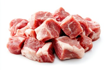 Pile of raw pork cubes with visible fat isolated on white background