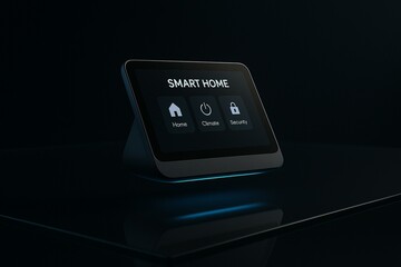 A sleek tabletop smart home hub with a touchscreen interface labeled “SMART HOME,” showing Home, Climate, and Security icons, illuminated by a subtle blue glow against a dark background.







