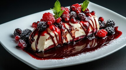 Berry cream dessert red sauce fresh fruit elegant plate
