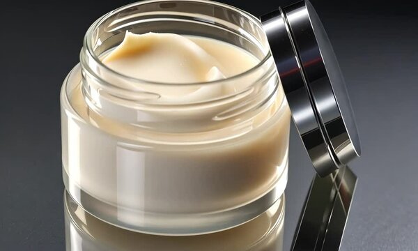 Open luxury face cream jar on glossy black surface, photorealistic skincare product video for cosmetic branding and beauty advertising