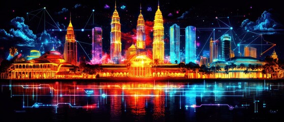 Obraz premium Vibrant Kuala Lumpur Nightscape: A Digital Symphony of Lights and Connections