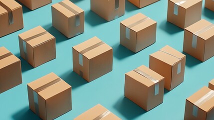 Fototapeta premium Uniformed Brown Parcel Boxes on Azure Backdrop Presenting Organized Logistics