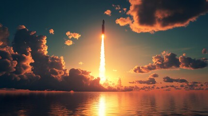 Fototapeta premium Rocket Launch at Sunset: A Spectacular New Beginning in Space Exploration