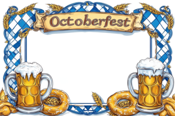 Decorated octoberfest frame with beer mugs and pretzels for phot