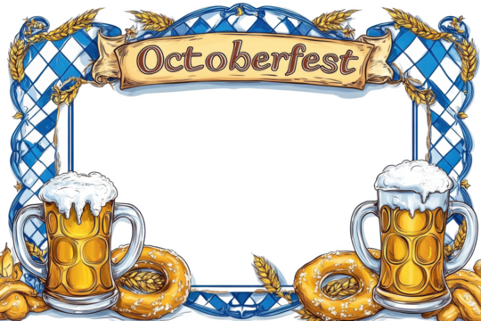 Decorated octoberfest frame with beer mugs and pretzels for phot - Powered by Adobe