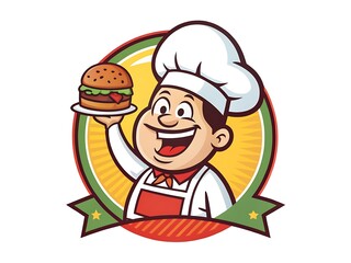 Colourful and vibrant  logo of a happy cartoon chef with a big smile, wearing a tall white hat and apron, holding a zinger burger
