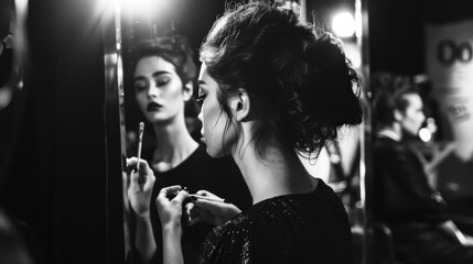 Woman applying makeup in a mirror