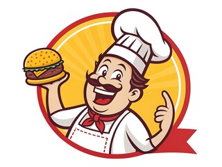 Colourful and vibrant  logo of a happy cartoon chef with a big smile, wearing a tall white hat and apron, holding a zinger burger
