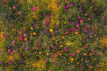 Colorful meadow bursting with wildflowers from a high angle view.