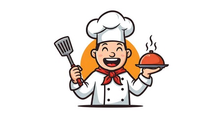  Colourful and vibrant  logo of a happy cartoon chef with a big smile, wearing a tall white hat and apron, holding a spatula and a steaming dish