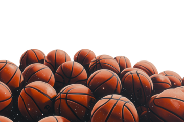 A group of basketballs are piled together against a black backgr
