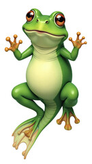 Fototapeta premium Green tree frog character illustration with large orange eyes and webbed feet on white background for children's book and educational poster