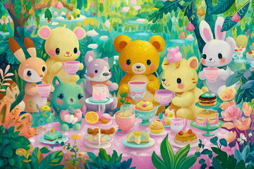 A whimsical woodland gathering of adorable creatures enjoying a delightful tea party.