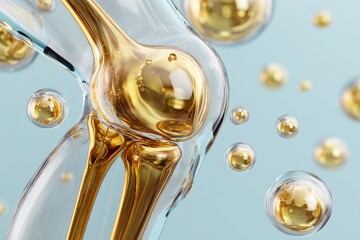 A graphic of gold-colored liquid serum swirling around the knee.