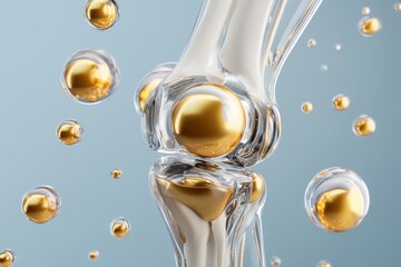 A graphic of gold-colored liquid serum swirling around the knee.
