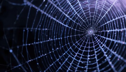 Intricate Spider Web with Dew Drops Glimmering in Soft Light Against a Dark Background