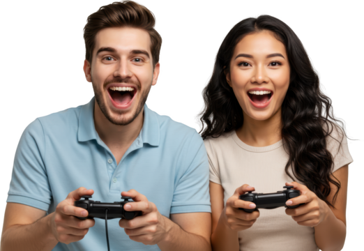 Excited Young Couple Playing Video Games with Controllers Happy Expressions