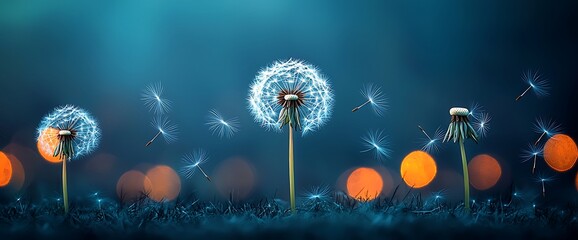 Dandelions with seeds blowing in the wind against a bokeh background