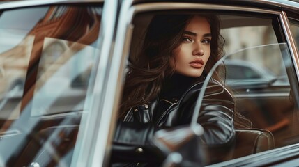 Woman in vintage car