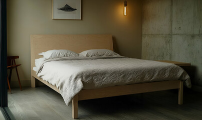Minimalist Modern Bedroom Interior Design with Light Wooden Bed and Concrete Walls