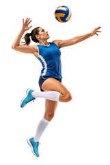 Female volleyball player launching into a jumping strike, isolated background