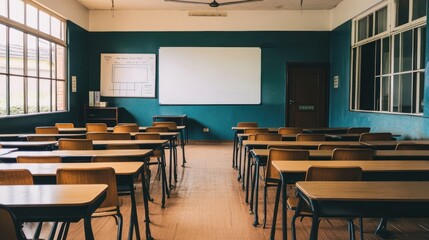 Empty classroom showcasing organized desks against a backdrop of educational space