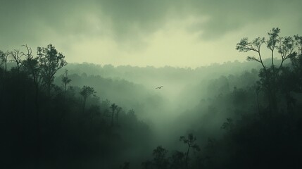 Misty, dense jungle landscape