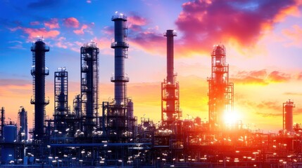 Obraz premium Oil refinery or chemical plant at sunset