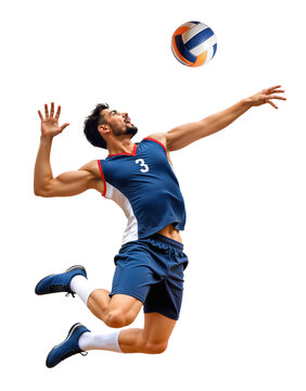 Male Volleyball player jumping high to spike a ball on isolated background