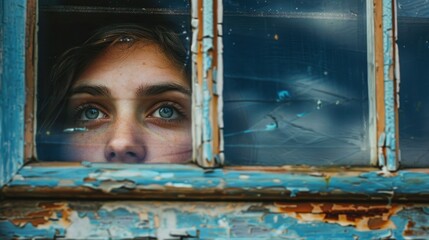 Woman looking out weathered window