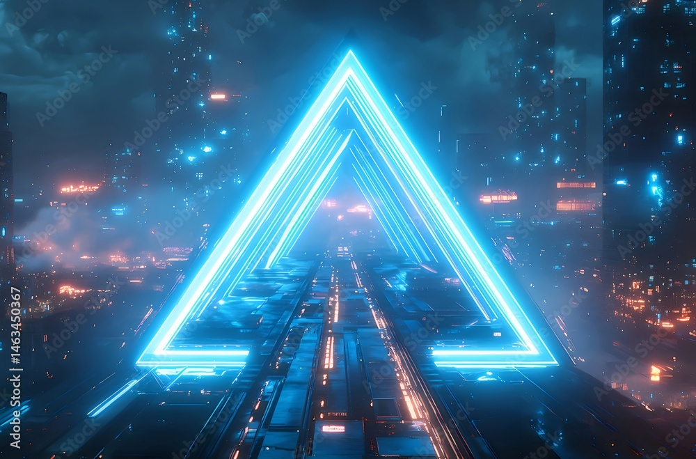 Aufkleber 未来都市のネオンブルーの三角形のゲートウェイ テクノロジーとサイエンスフィクションの背景