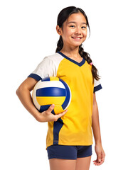 Confident and cheerful volleyball Asian kid holding ball on her hip, isolated background