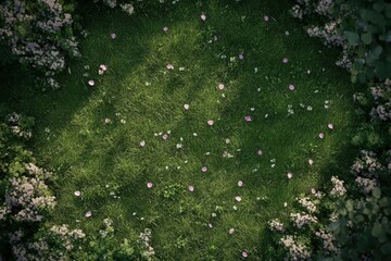 Circular grassy area surrounded by flowers.