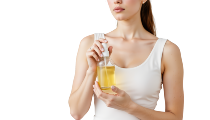Radiant woman holding a bottle of nourishing natural oil for beauty and wellness