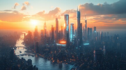 Naklejka premium Futuristic metropolis skyline sunset