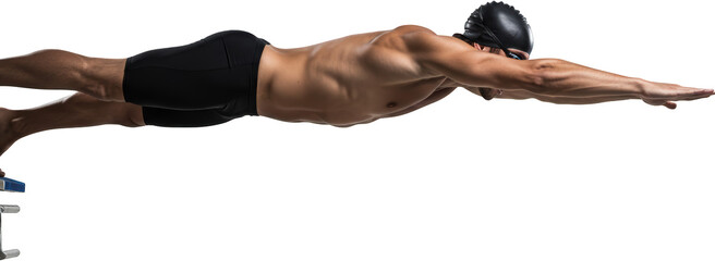 Muscular Male Swimmer Diving from Starting Block Competitive Freestyle Swimming