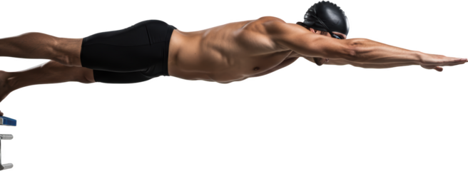 Muscular Male Swimmer Diving from Starting Block Competitive Freestyle Swimming
